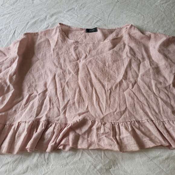Saga Linen Cropped Tunic Blouse Womens One Size Soft Pink Lagenlook Ruffle Hem - Picture 5 of 8